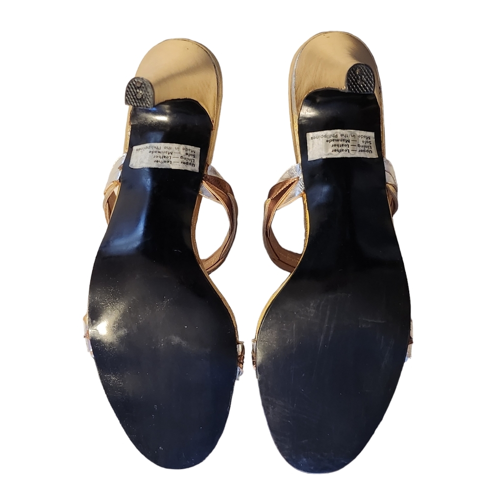 Vintage Shoe Biz Shoe Strings Gold Silver Bronze Slide Sandal Heels Size 8AA Box - Picture 15 of 15